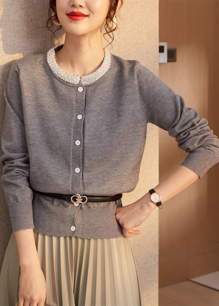 Classy Grey O-Neck Nail Bead Wool Knit Cardigans Spring