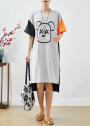 Classy Grey Oversized Patchwork Bear Print Cotton Maxi Dress Summer