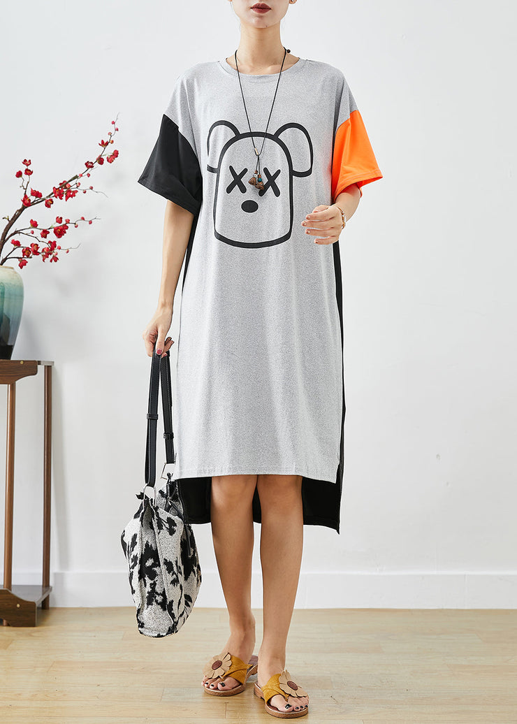 Classy Grey Oversized Patchwork Bear Print Cotton Maxi Dress Summer