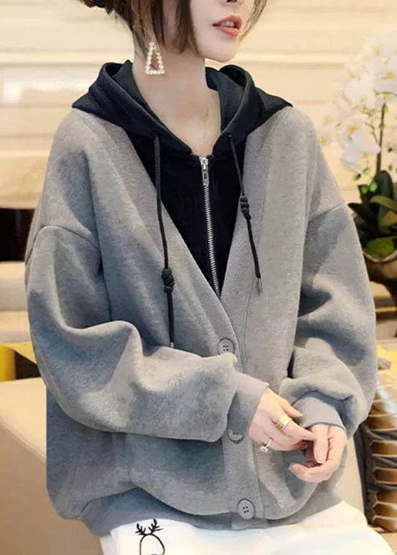 Classy Grey Patchwork Zippered Drawstring Sweatshirts Fall