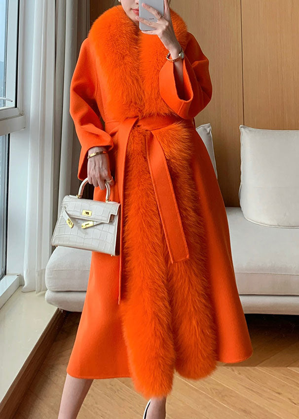 Classy Hermes Orange Fox Collar Pockets Tie Waist Woolen Maxi Coat Winter