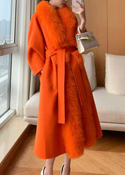 Classy Hermes Orange Fox Collar Pockets Tie Waist Woolen Maxi Coat Winter