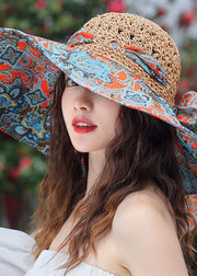 Classy Khaki Bow Print Patchwork Straw Woven Floppy Sun Hat