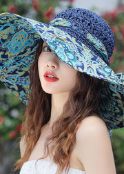 Classy Khaki Bow Print Patchwork Straw Woven Floppy Sun Hat