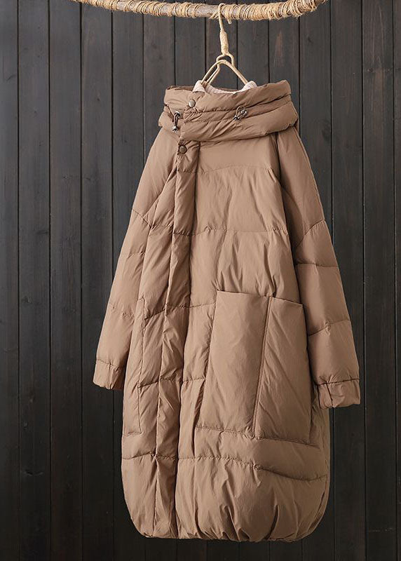 Classy Khaki Hooded Drawstring Pockets Duck Down Puffers Jackets Winter