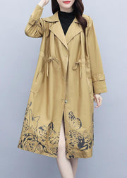 Classy Khaki Notched Print Drawstring Trench Coats Fall