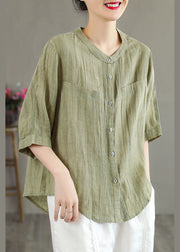 Classy Khaki O-Neck Button Solid Color Wrinkled Linen Shirt Top Half Sleeve