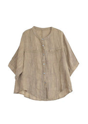 Classy Khaki O-Neck Button Solid Color Wrinkled Linen Shirt Top Half Sleeve