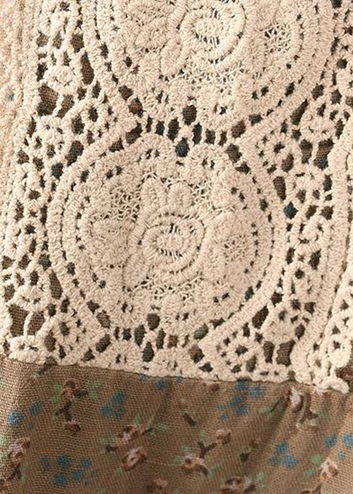 Classy Khaki O Neck Print Lace Patchwork Cotton Long Dress Spring