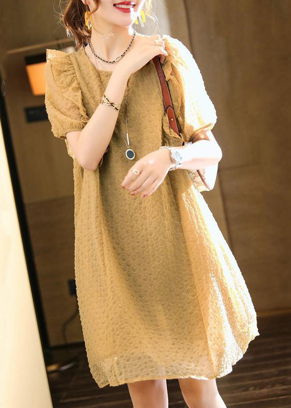 Classy Khaki O-Neck Ruffled Patchwork Chiffon Dresses Summer