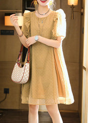 Classy Khaki O-Neck Ruffled Patchwork Chiffon Dresses Summer