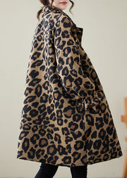 Classy Khaki Oversized Leopard Print Woolen Coats Winter