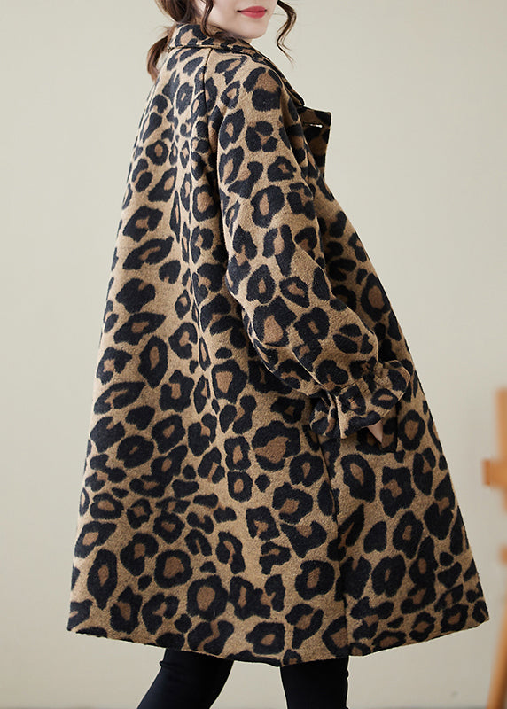 Classy Khaki Oversized Leopard Print Woolen Coats Winter