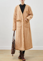 Classy Khaki Oversized Pockets Faux Fur Teddy Coats Spring