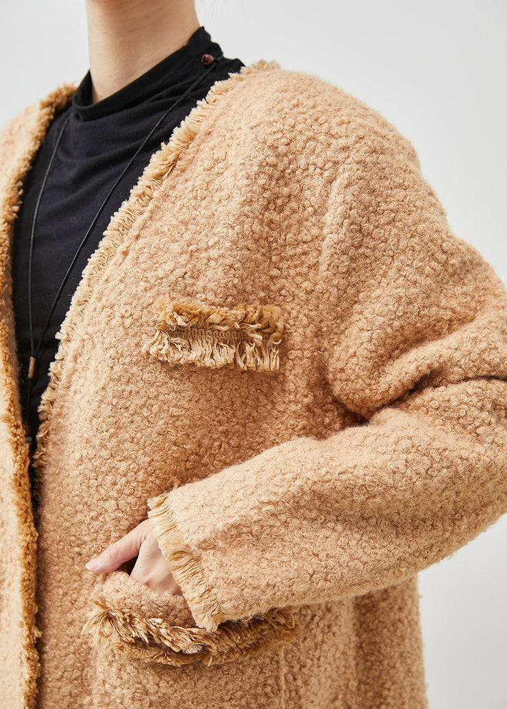 Classy Khaki Oversized Pockets Faux Fur Teddy Coats Spring