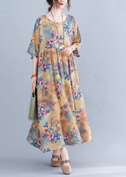 Classy Khaki Oversized Print Cotton Maxi Dress Short Sleeve