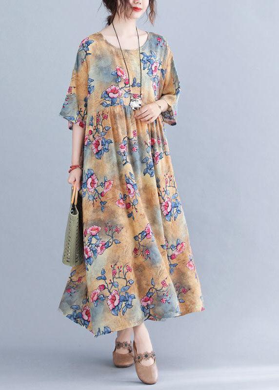 Classy Khaki Oversized Print Cotton Maxi Dress Short Sleeve