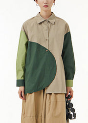 Classy Khaki Peter Pan Collar Asymmetrical Patchwork Button Cotton Shirt Spring