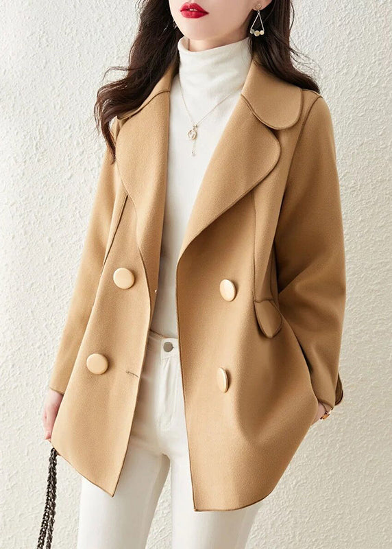 Classy Khaki Peter Pan Collar Double Breast Woolen Coat Outwear Fall