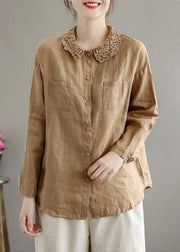 Classy Khaki Peter Pan Collar Lace Patchwork Linen Shirts Long Sleeve