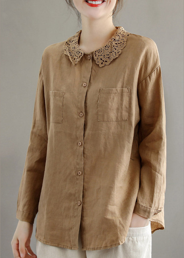 Classy Khaki Peter Pan Collar Lace Patchwork Linen Shirts Long Sleeve