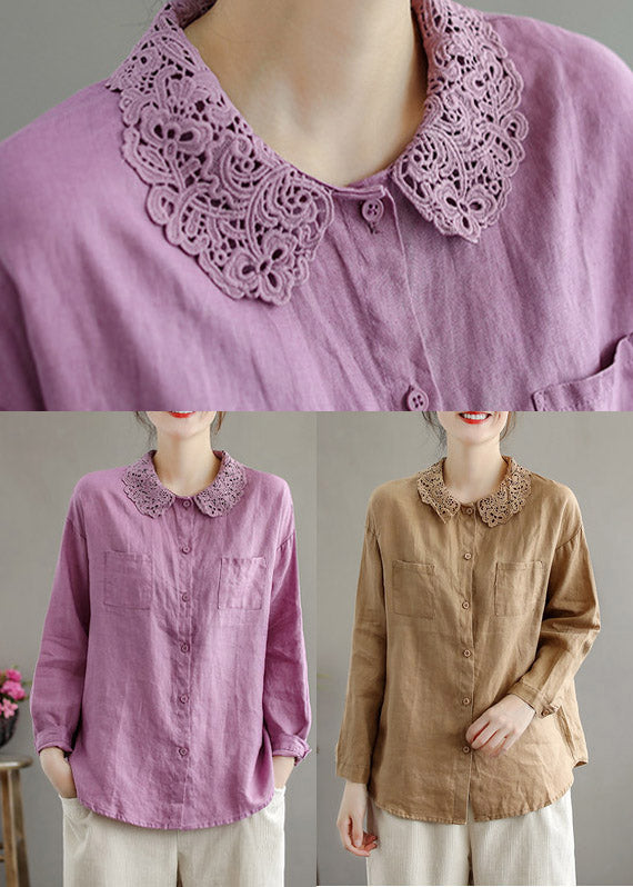 Classy Khaki Peter Pan Collar Lace Patchwork Linen Shirts Long Sleeve