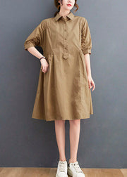 Classy Khaki Peter Pan Collar Pockets Cotton Dress Half Sleeve