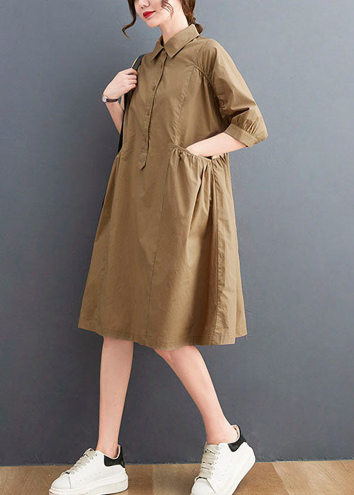 Classy Khaki Peter Pan Collar Pockets Cotton Dress Half Sleeve