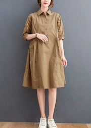 Classy Khaki Peter Pan Collar Pockets Cotton Dress Half Sleeve