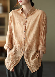 Classy Khaki Peter Pan Collar Wrinkled Silk Linen Shirt Long Sleeve