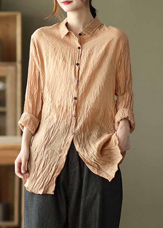 Classy Khaki Peter Pan Collar Wrinkled Silk Linen Shirt Long Sleeve