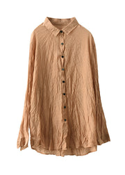 Classy Khaki Peter Pan Collar Wrinkled Silk Linen Shirt Long Sleeve