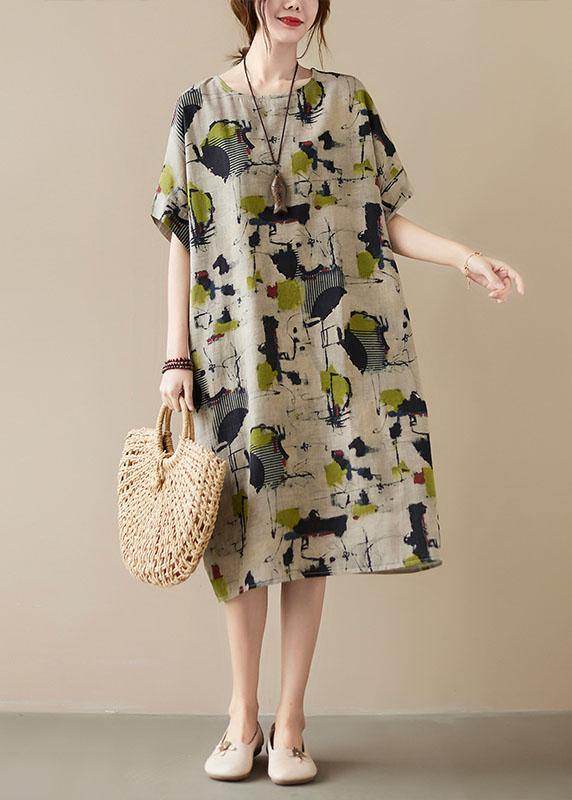 Classy Khaki Print O-Neck Pockets Summer Maxi Dresses Half Sleeve - bagstylebliss