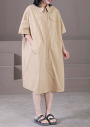 Classy Khaki Turn-down Collar Zip Up Pockets Cotton A Line Dress Summer