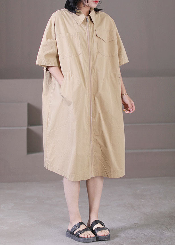 Classy Khaki Turn-down Collar Zip Up Pockets Cotton A Line Dress Summer