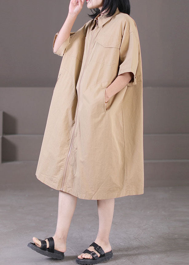 Classy Khaki Turn-down Collar Zip Up Pockets Cotton A Line Dress Summer