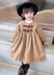 Classy Khaki Wrinkled Button Bow Patchwork Cotton Baby Girls Trench Fall