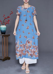 Classy Light Blue Oversized Print Cotton Vacation Dresses Summer