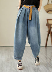 Classy Light Blue Oversized Wrinkled Denim Harem Pants Summer