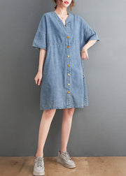 Classy Light Blue V Neck Oversized Denim Dress Summer