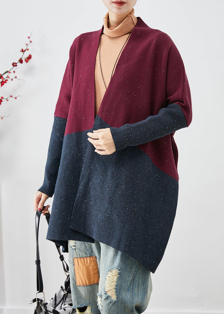 Classy Mulberry Oversized Patchwork Knit Cardigans Batwing Sleeve