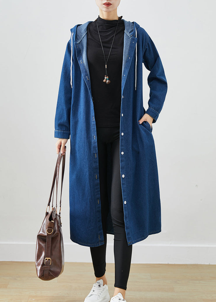 Classy Navy Hooded Drawstring Denim Coat Outwear Fall