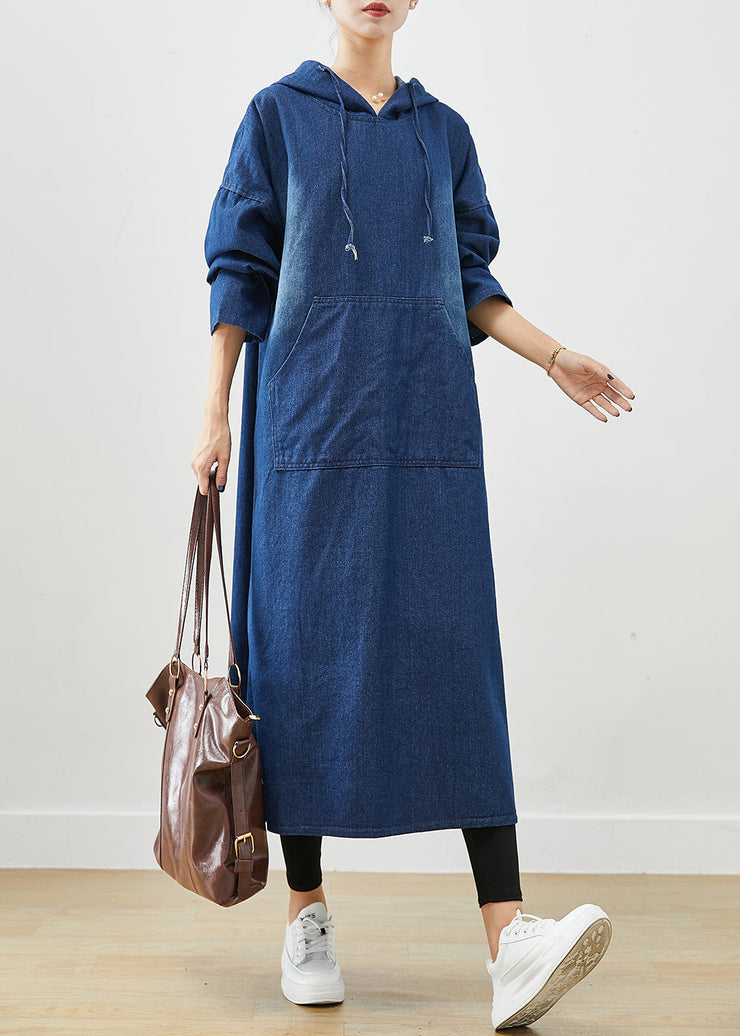 Classy Navy Hooded Oversized Denim Sweatshirt Dress Fall