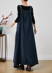 Classy Navy Oversized Exra Large Hem Denim Strap Dresses Fall