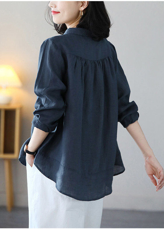 Classy Navy Peter Pan Collar Button Linen Shirt Tops Long Sleeve