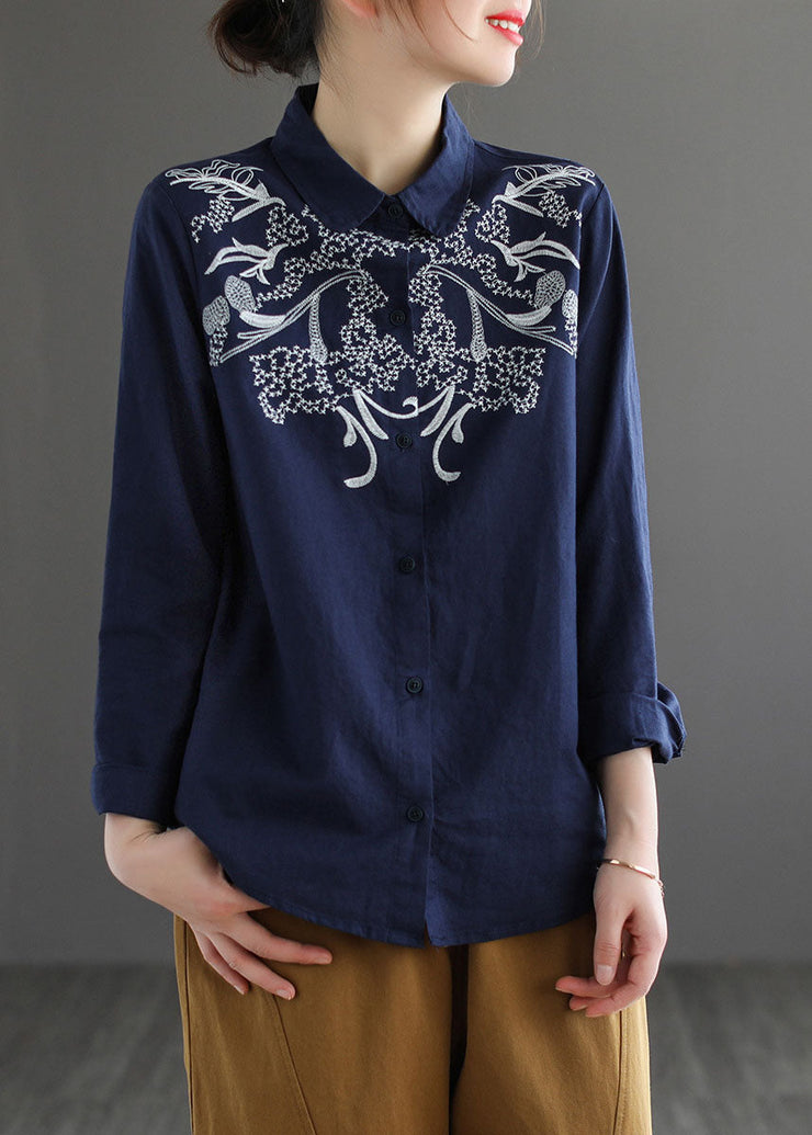 Classy Navy Peter Pan Collar Embroideried Cotton Blouses Long Sleeve