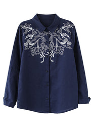 Classy Navy Peter Pan Collar Embroideried Cotton Blouses Long Sleeve