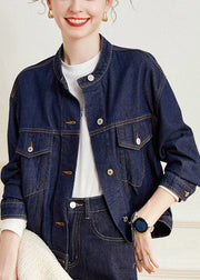 Classy Navy Peter Pan Collar Patchwork Button Denim Coats Long Sleeve