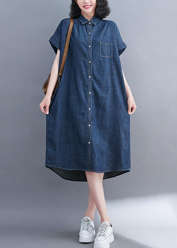 Classy Navy Peter Pan Collar Pocket Denim Shirt Dress Summer