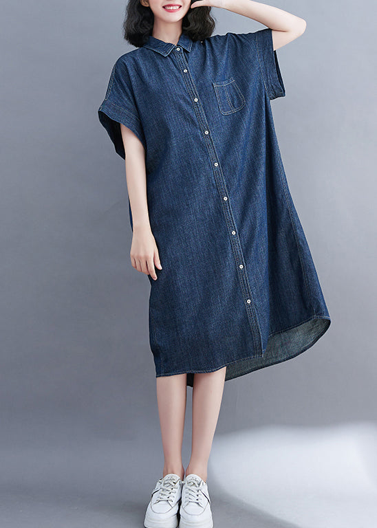 Classy Navy Peter Pan Collar Pocket Denim Shirt Dress Summer